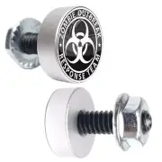 2 Silver Billet Cycle License Plate Frame Tag Bolts ZOMBIE OUTBREAK BLACK WHITE