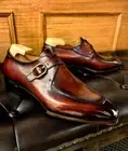 handmade men light brown patina Leather Single Monk Strap Party & Wedding