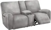 2 Seater with Middle Console Slipcover, Velvet Stretch Loveseat Reclining Sofa Covers, Thick, Soft, Washable, Light Grey