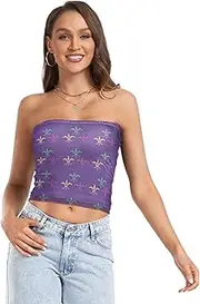 [GuoChe] Women's Crop Tops Colorful Mardi Gras Royal Fleur De Lis Purple Tight Push Up Bandeau Strapless Bra Tube for Teen