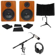 (2) Rockville 5.25" 250w Active Studio Monitors+Mic+Headphones+Stand+Shield+Pads