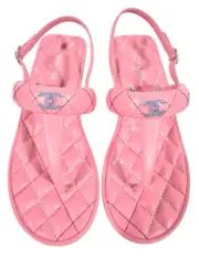 Chanel 21K Pink Multicolor Leather CC Logo Mule Slide Flat Heel Thong Sandal 37