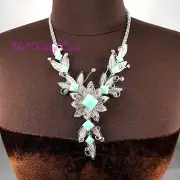 Silver Deco Mesh Lace Lotus Flower Scroll Collar Necklace w/ Swarovski Crystals