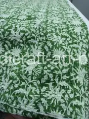 Indian Hand Block Print Quilt With Kantha King Size Bedspread Boho Floral Green