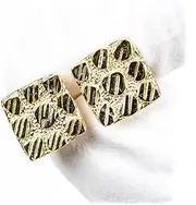 [Street Knitted] Square Shape 14K Yellow Gold Plated 925 Sterling Silver Diamond Cut Retro 90's Hip Hop Hypoallergenic 9.5mm Solid Gold Textured Nugget Stud Screw Back Post Earrings For Men, Medium, Sterling Silver