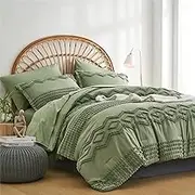 Sage Green Tufted Comforter Set Queen Size 7 Piece Bed in a Bag, Shabby Chic Boho Comforter and Sheet Set, Pom Pom Textured Bed Set, All Season Soft Microfiber Complete Bedding Set(Green,Queen)