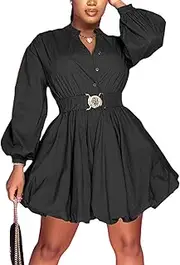 [Uni Clau] Womens Button Down Shirt Dress Long Sleeve A-Line Casual Puffy Short Mini Dress with Belt