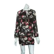 New NICHOLAS Women's Size 2 Black Burgundy Floral Cascade Ruched Mini Dress