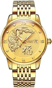 [USWATCH] Luxury Luminous Rhinestones Date Automatic Mechanical Men Waterproof Dragon Gold Stainless Steel Watch
