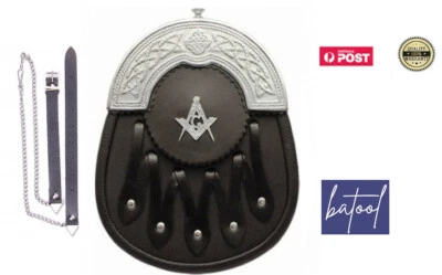 Scottish Sporran Masonic Formal black leather Celtic silver-colored cantle