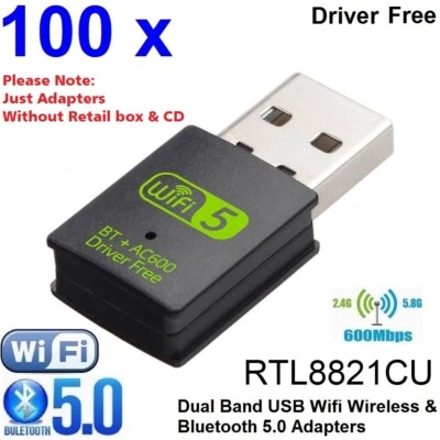 100 x 2in1 AC600 600Mbps Mini USB WiFi Wireless + Bluetooth 5.0 Adapters 2.4G 5G