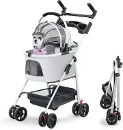 Pet Stroller with 4 Wheels, 3 in 1 Foldable Cat Dog Carrier, Portable Dog Cat Jo