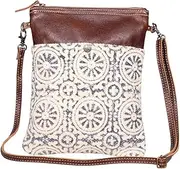 Myra Bags Ruggy Canvas, leather & Rug Crossbody Bag S-1986, Brown Grey, Large