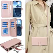 Cavor for iPhone 16 Plus Case 6.7 inch PU Leather Folio Flip Wallet Back Cover Magnetic Case with Long Shoulder Lanyard Zipper Coin Purse 9 Card Holder Kickstand Wristlet Strap-Rose