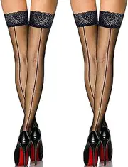 [Aneliya] Vintage Nylon Lace Top Thigh High Stockings with Back Seam for Women Suspender Garter Belts-2 Pack