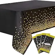 DUOCUTE 108"x54" 4 Packs Black and Gold Disposable Party Tablecloth for Rectangle Table, Gold Stamping Dot Confetti Rectangular Plastic Table Cover, for Graduation, Birthday, New Year Eve 2025