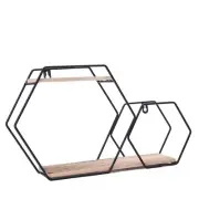 2 Tier Black Natural Hexagon Metal Wood Geometric Floating Shelf Decorations