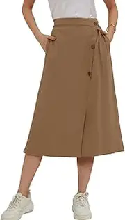 [Chartou] Women's Summer Linen Elastic Back Buttoned Swing Midi A Line Skirt