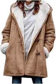 [DSAoTeng] Womens Plus Size Warm Sherpa Fleece Lined Jackets Hooded-Thickened Coat Horn Button Long Sleeve Winter Outerwear with Pockets