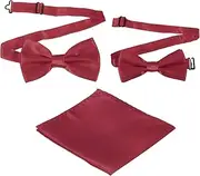 [uxcell] Bow Tie for Men, Adjustable Bow Ties with Pocket Square Solid Color Triple Fold Pre-tied Bow Ties Sets for Wedding, Parties, Dinner, and Business (Wine Red, 2Size)