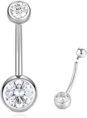 [Popuhoops] G23 Titanium Belly Button Ring CZ Round Cubic Zirconia Internally Threaded Belly Button Bars Navel Piercing Ring 14mm 12mm 10mm 8mm 14G Belly Piercings Barbell Jewelry for Women Men