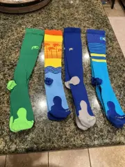 PRO Compression Sock Marathon blue yellow stripe Knee High L/XL Wms 10-14 4 Pair