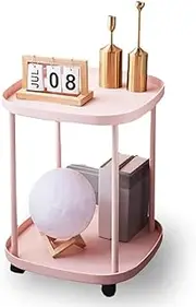 TOMVAES 2-Tier Small Square Side Table with 4 Wheels,Movable Round Coffee Table with Wheels Sofa End Table for Living Room Balcony Bedroom Patio Nightstand (Pink)