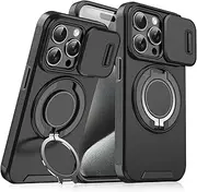 for iPhone 15 Pro Max Case with [Slide Camera Cover][360° Rotate Ring Stand][Military-Grade Protective] Heavy Duty Protective Shockproof Phone Cover Case for iPhone 15 Pro Max-Black