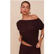 Chocolate Textured Knit Off The Shoulder Top, Chocolate