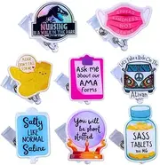 8 PC Funny Badge Reel Retractable ID Card Holder; Cute Reels Clip Holders Lanyard Accessories for ER CNA RN ICU IPN NICU Nursing Student Must Haves Medical Assistant Nurse Gifts Bulk