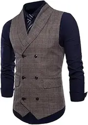 [HEYDHSDC] Men Vintage Formal Sleeveless Suit Vest Tweed Vest Spring Fall Double Breasted Waistcoat Coffee Xxl