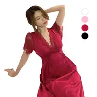 在飛比找ETMall東森購物網優惠-Colorland-冰絲睡衣 性感睡衣 短袖蕾絲睡衣 連身睡