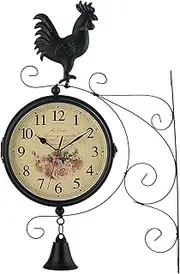 Garden Clock Weatherproof Outdoor Garden Retro Clocks Outdoor Outdoor Wall Clock Garden Decorative Double Sided Stock Clock Retro Hanging Clock Iron Art Craft with Rooster Bell, 31