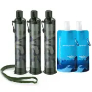 3pcs Outdoor Water Filter Personal Filtration Straw,w/2xCollapsible Water Bottle