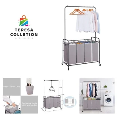 181L Laundry Sorter with Hanging Bar, Portable, Removable Laundry Hamper Cart...