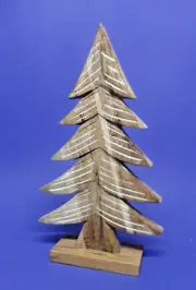 Wooden Tabletop Christmas Tree Pine Tree 12.5" Tall Brown w/White Accents New