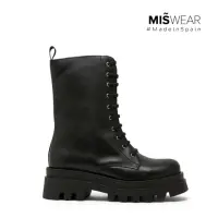 在飛比找momo購物網優惠-【MISWEAR】黑色真皮綁帶軍靴(歐美個性時尚)