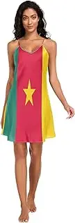 [RPLIFE] Cameroon National Flag Women's Satin Slip Dress, Adjustable Spaghetti Strap V Neck Chemise Nightgowns for Women, S