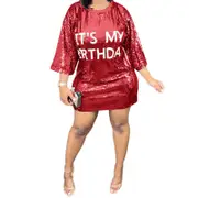 Nevenka Tee-Shirt Dresses for Women Sequin Birthday Party Outfit Letter Print Dress-Red