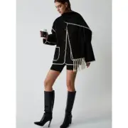 Commense Chic Black Oversized Jacket with White Trim Fringe Matching Scarf M
