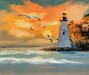 LIGHTHOUSE OCEAN SEAGULLS at SUNSET COMPUTER MOUSE PAD 9 X 7