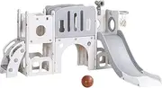 Keezi Kids Slide Swing Set with Basketball Hoop, 3 in 1 Climbing Frame Cubby House Toddler Fold Up Cardboard Slides Playground Outdoor Indoor Activity Sports Center Gym,with Telescope Grey