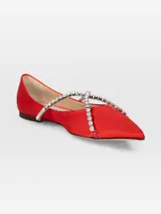 Red Embellished Strap Point Toe Flats