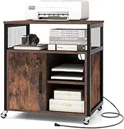 Giantex Rolling File Cabinet with Charging Station, Mobile Lateral Filing Cabinet with Lock, Adjustable Shelf, Metal Frame, Modern Printer Stand on Lockable Wheels for Home Office (Rustic Brown)