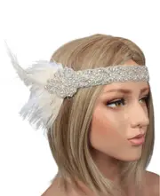 1920s Headband White Feather Vintage Headpiece