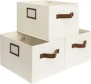 StorageWorks Storage Baskets for Shelves, Foldable Fabric Closet Storage Bins with PU Handles, Clothes Organizer Baskets, Ivory White, 3-Pack, Medium