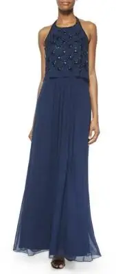 AIDAN MATTOX Navy Beaded Bodice Silk Chiffon Halter Gown NWT! $450 Sz 2