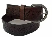Old Navy Womens Belt Leather Perforated Tooled Brown Nickel Buckle XS NEW