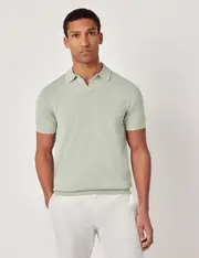 Hawes & Curtis Light Green Open Collar Knitted Cotton Polo Shirt | Short Sleeve Size: Small