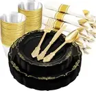 175PCS Black Plastic Plates&Pre Rolled Napkins with Gold Cutlery, Black and G...
